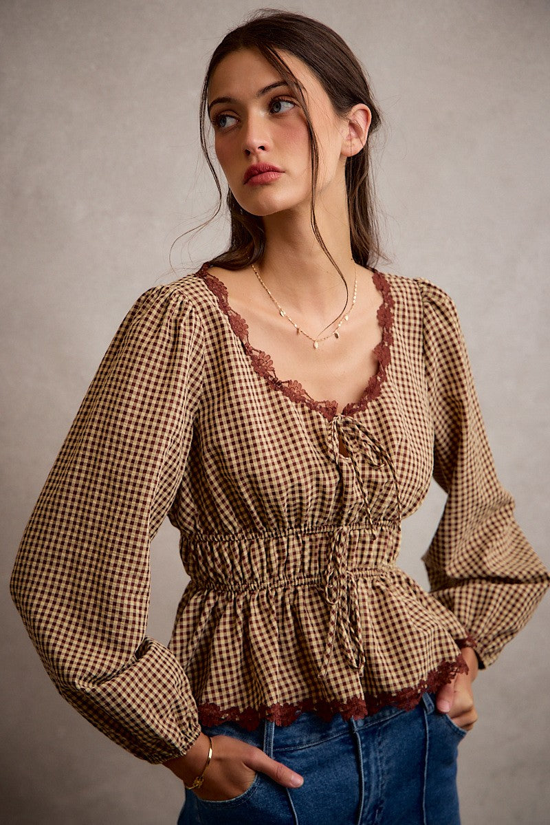 Gingham Lace Trim Peplum Blouse