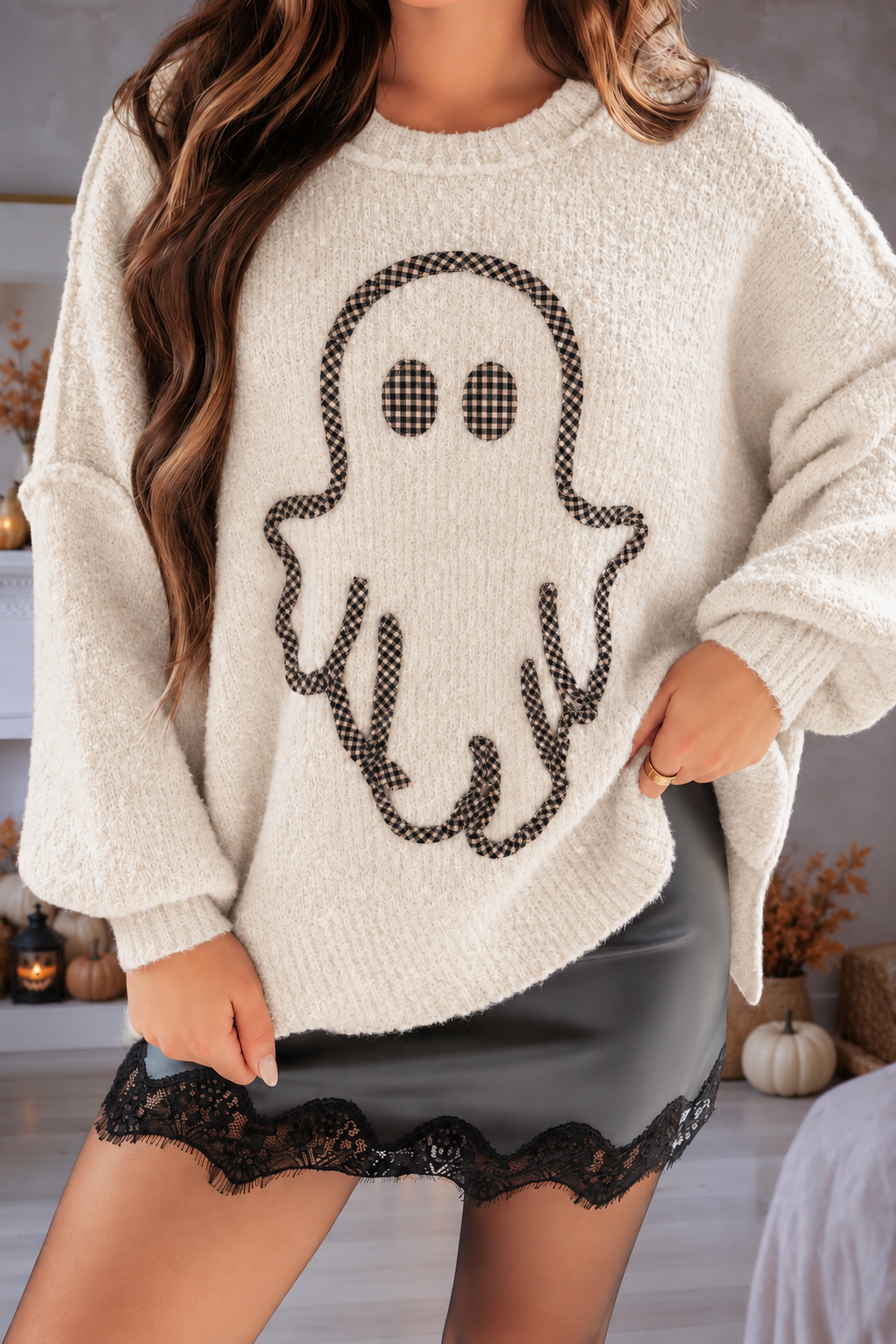 Gingham Ghost Applique Sweater