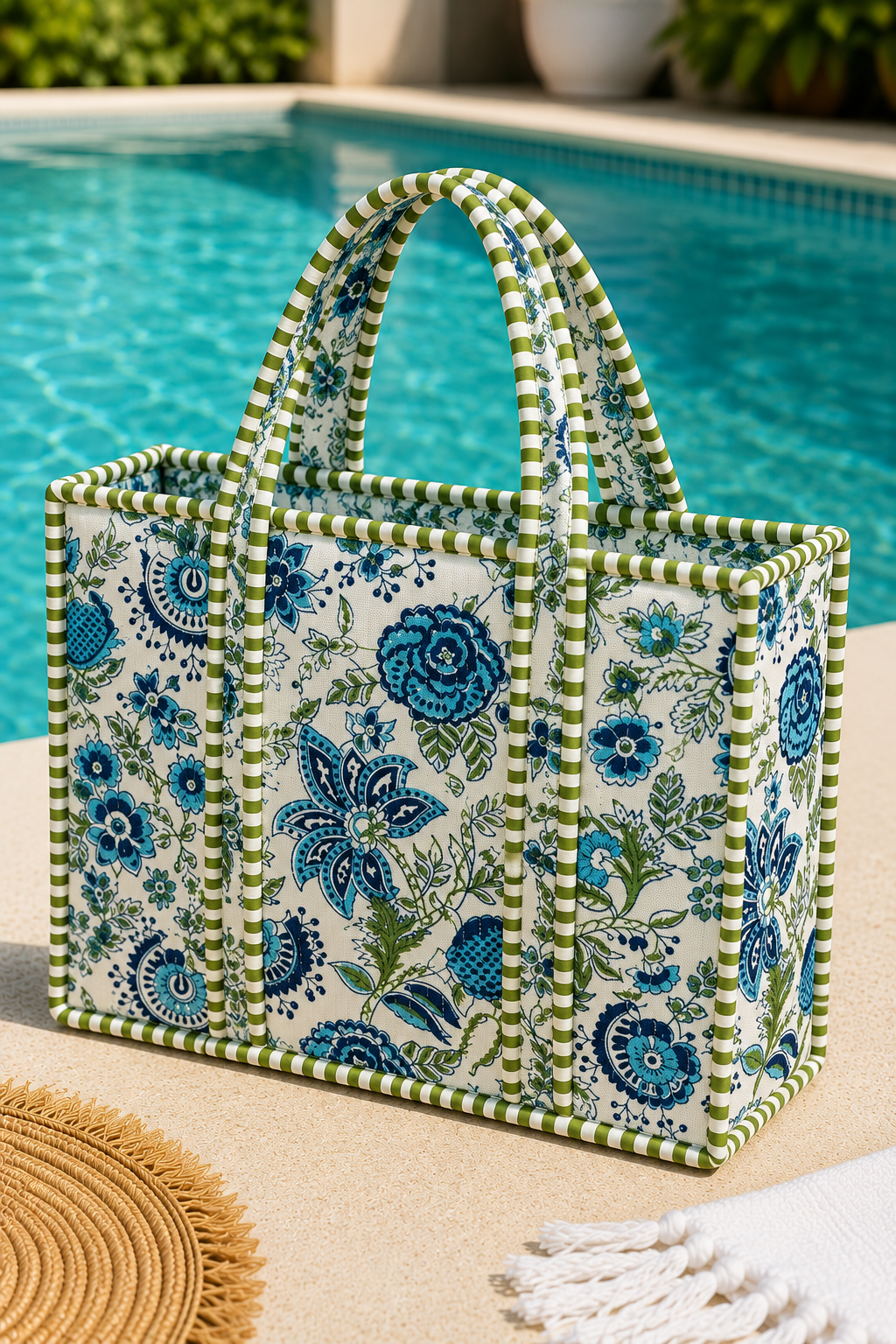 Mini Blue Floral Quilted Cotton Mini Tote Bag