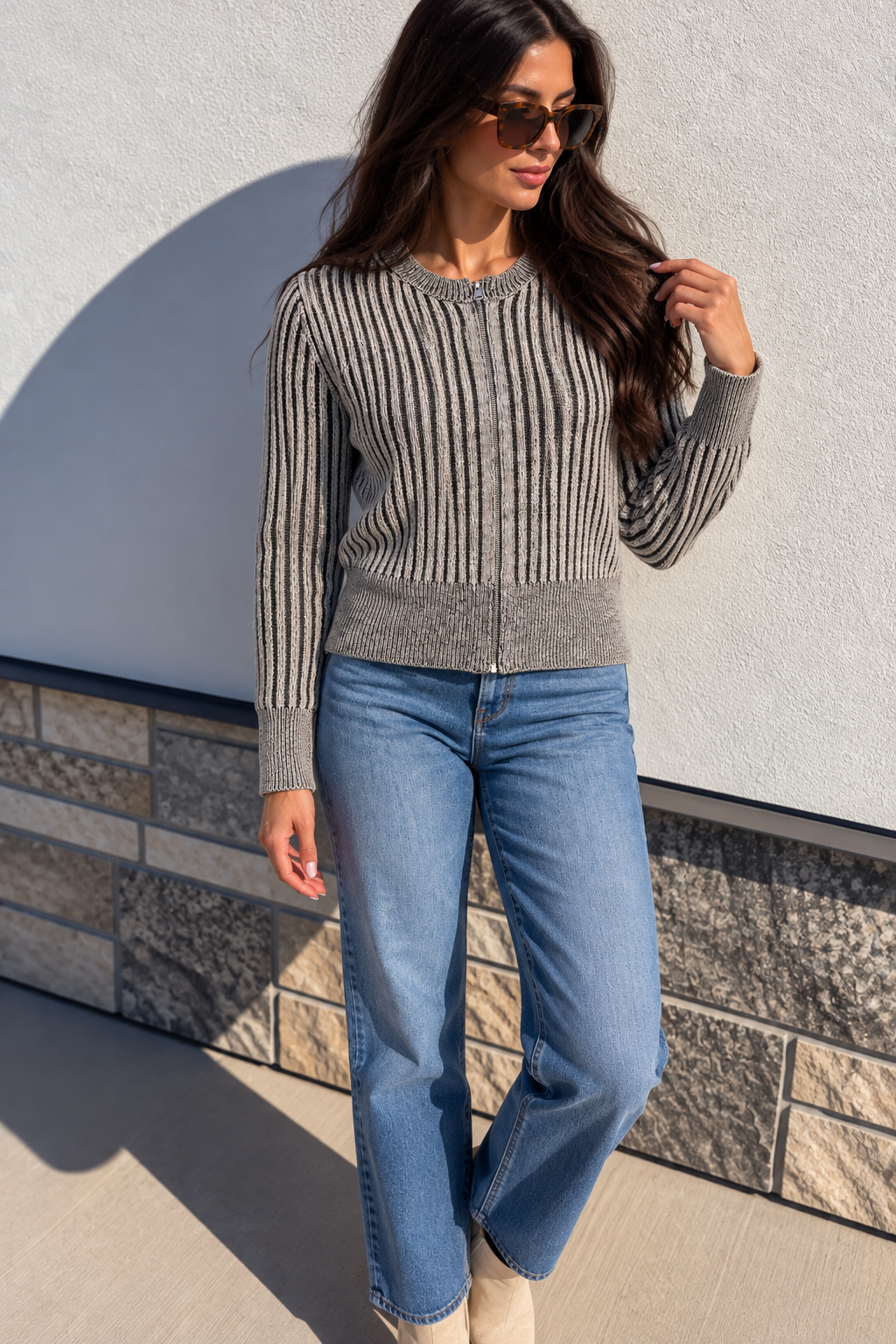 DOORBUSTER: Two Tone Zip Up Knit Sweater