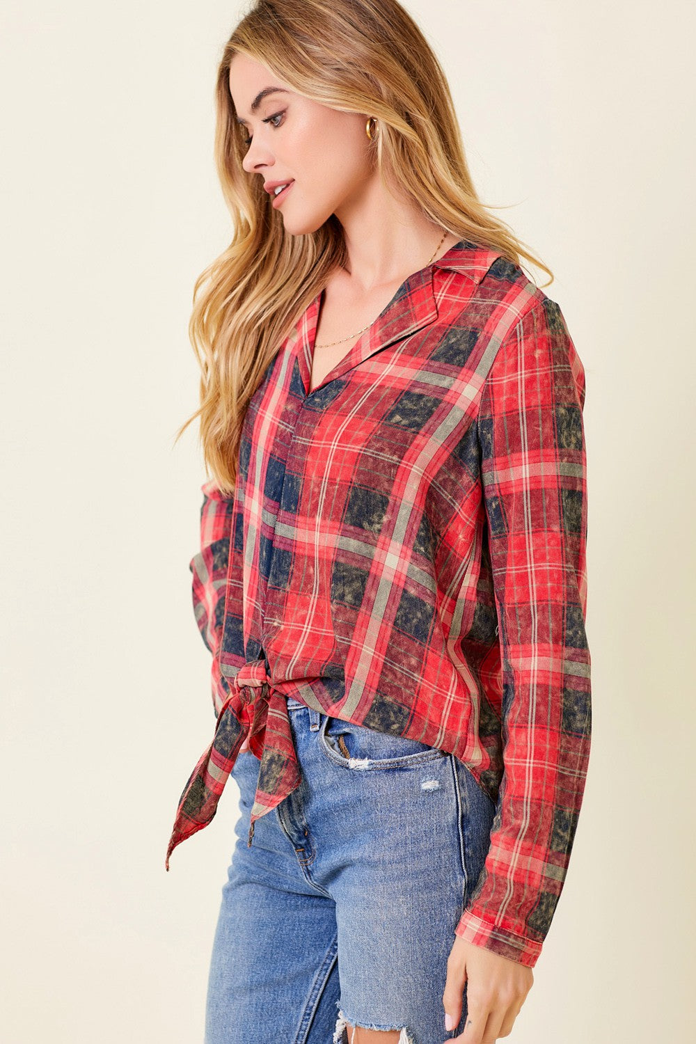 DOORBUSTER: Vintage Washed Plaid Tie-Front Top