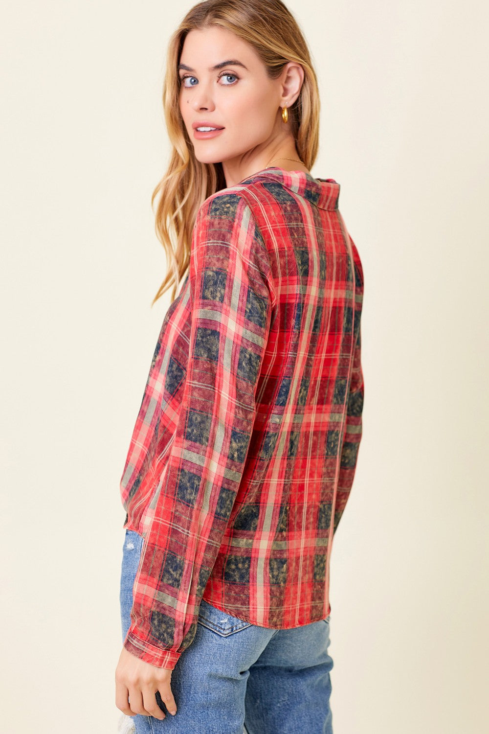 DOORBUSTER: Vintage Washed Plaid Tie-Front Top