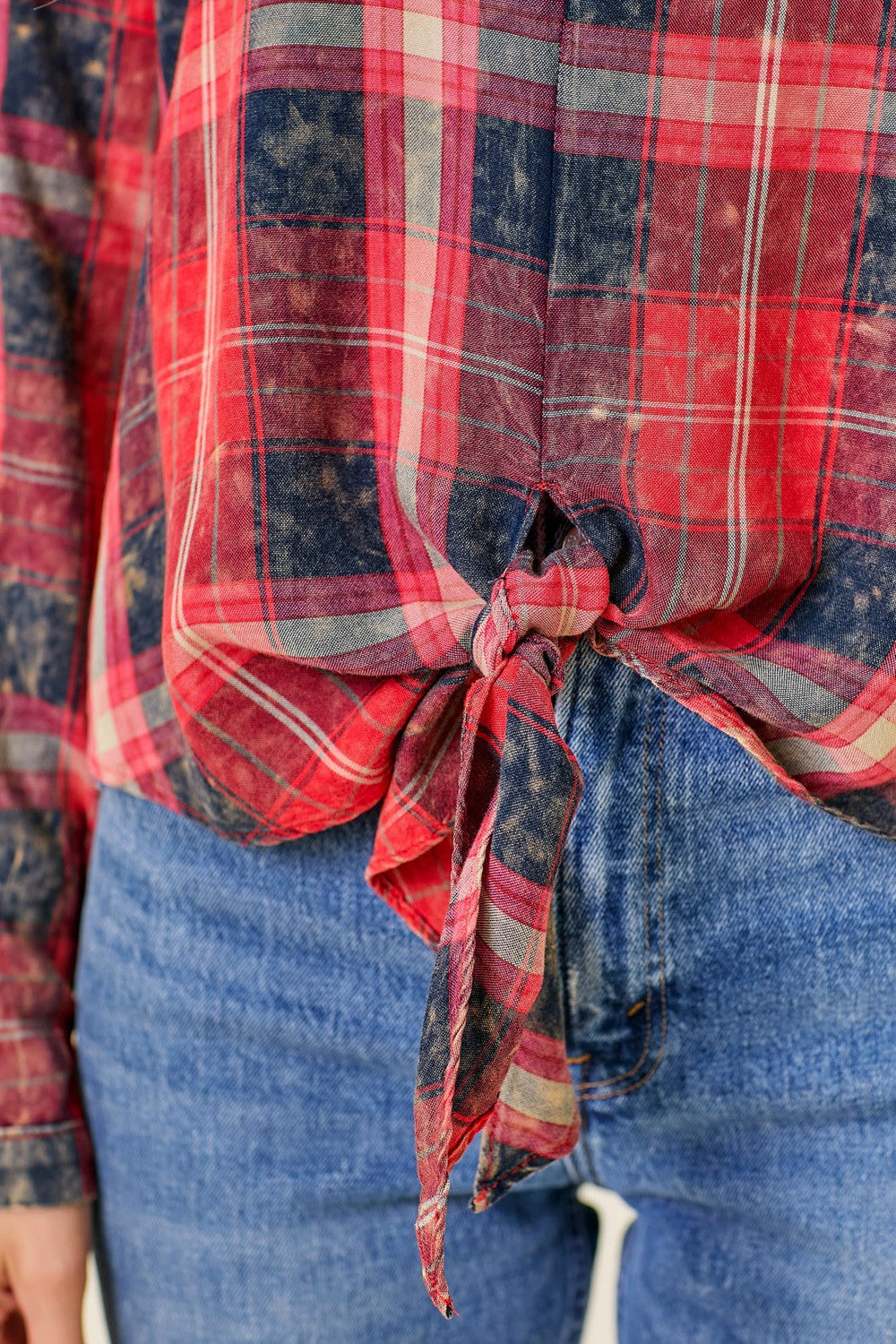 DOORBUSTER: Vintage Washed Plaid Tie-Front Top