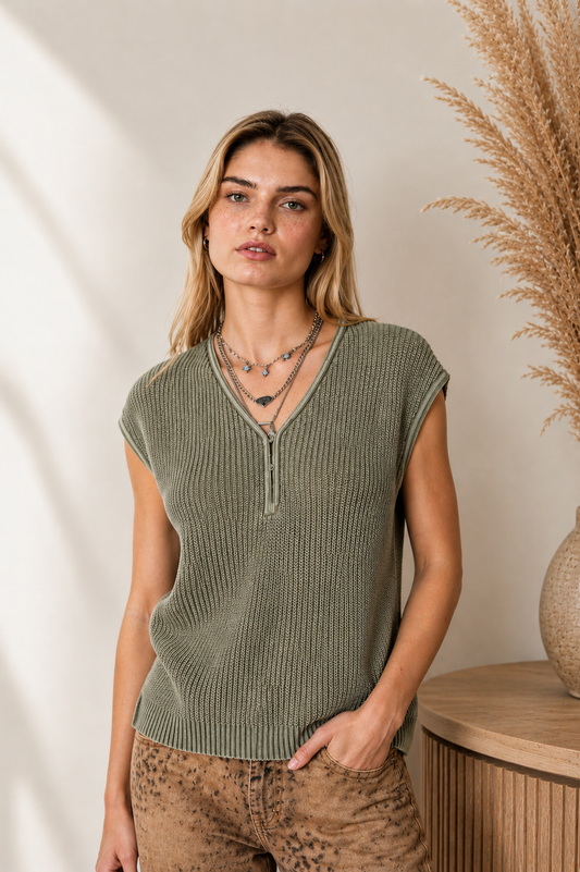 Raw Edge Henley Sweater Top