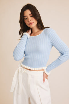 Composed Charm Ribbed Ruffle Detail Top