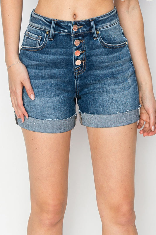 RISEN High Rise Button Down Cuff Shorts