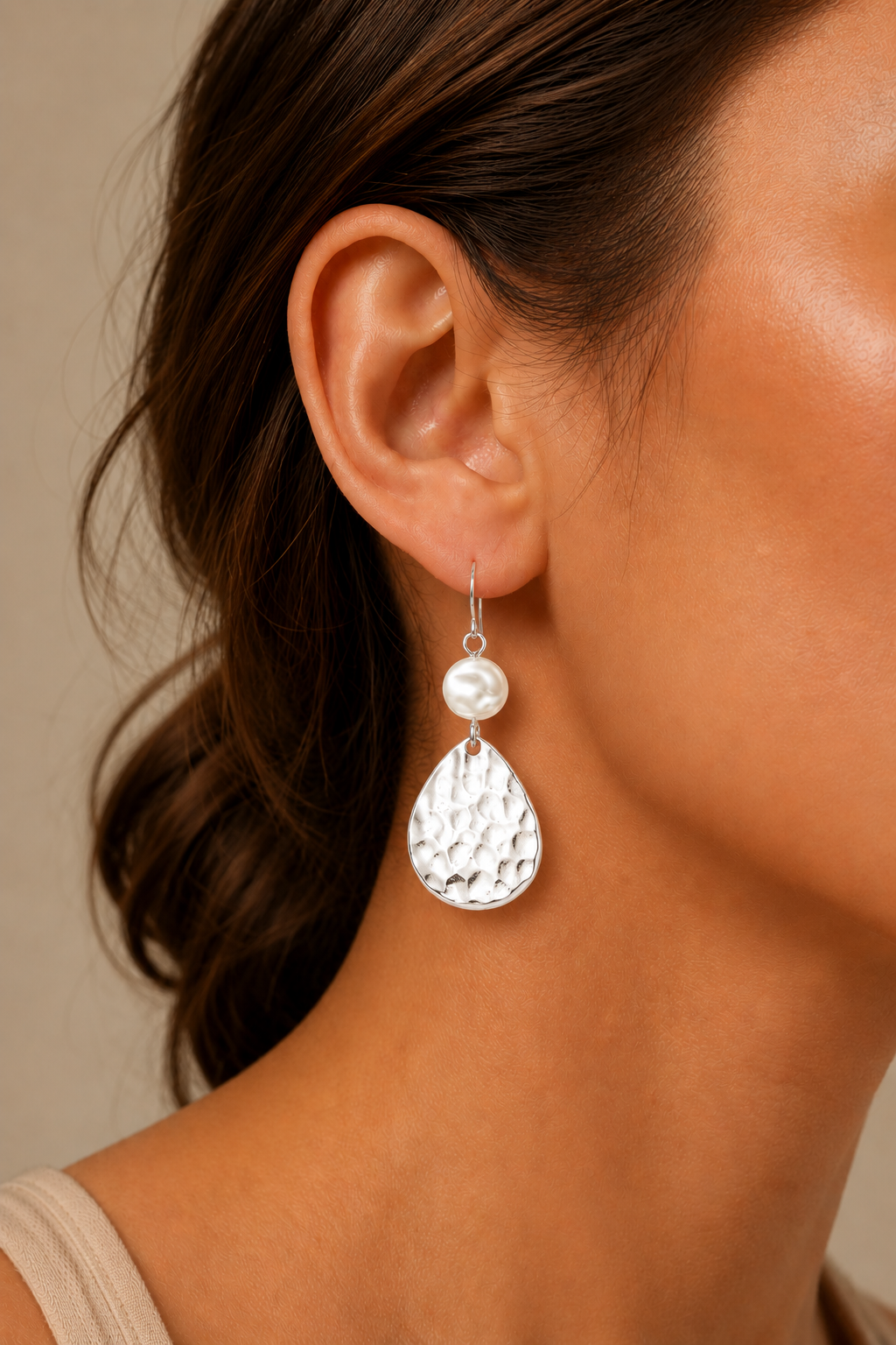 Pearl Hammered Teardrop Earrings