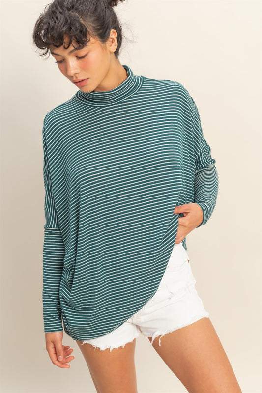 Striped Turtleneck Dolman-sleeve Top