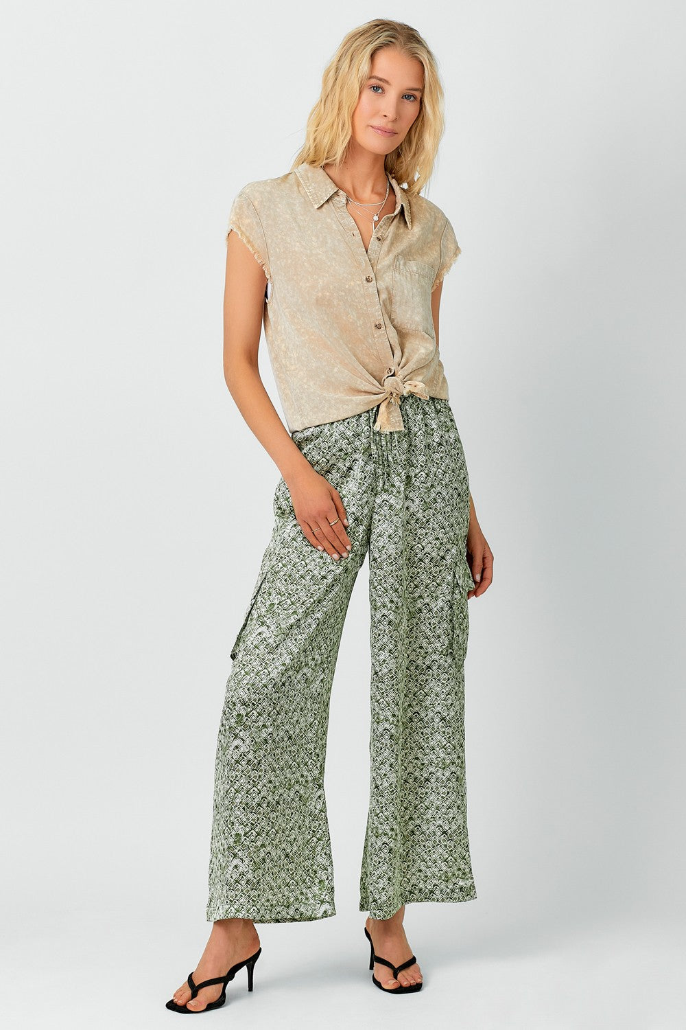 DOORBUSTER: Satin Printed Wide Leg Cargo Pants