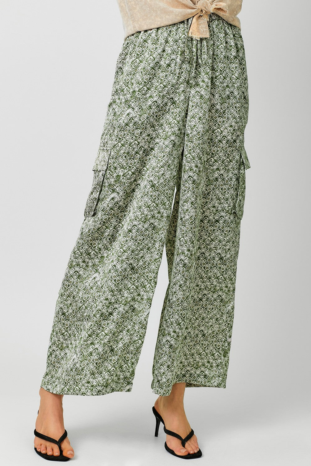 DOORBUSTER: Satin Printed Wide Leg Cargo Pants