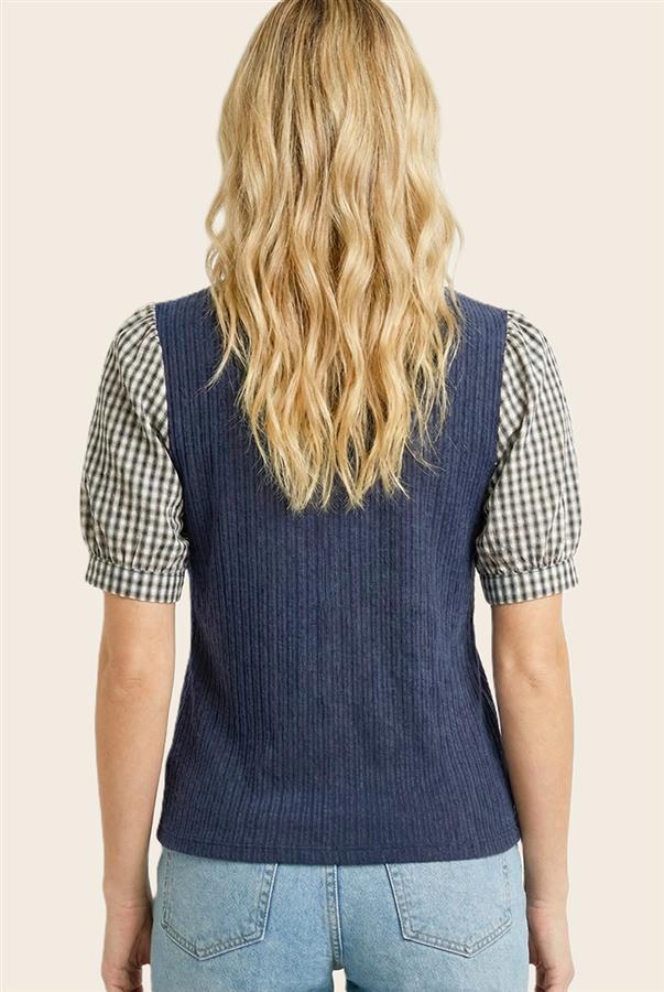 Gingham Sleeve Ribbed Knit Top