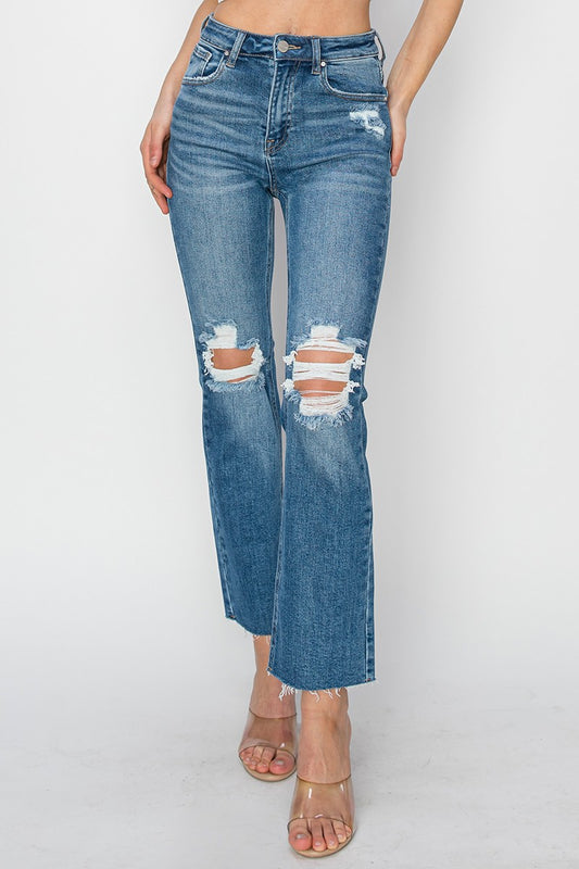Risen Jeans: 27 1/2" Inseam High Rise Knee Distressed Ankle Jeans
