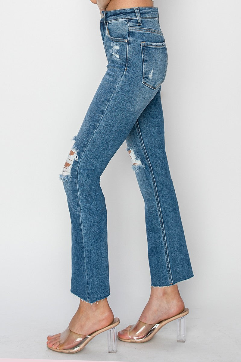 Risen Jeans: 27 1/2" Inseam High Rise Knee Distressed Ankle Jeans