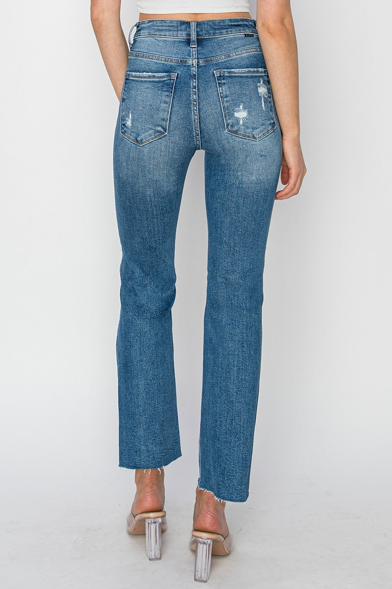 Risen Jeans: 27 1/2" Inseam High Rise Knee Distressed Ankle Jeans