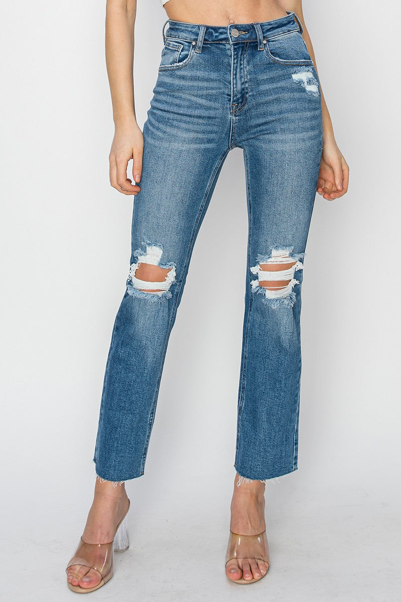 Risen Jeans: 27 1/2" Inseam High Rise Knee Distressed Ankle Jeans