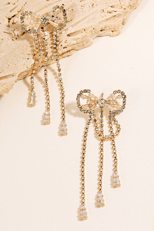 Rhinestone Ribbon Bow Stud Dangle Earrings