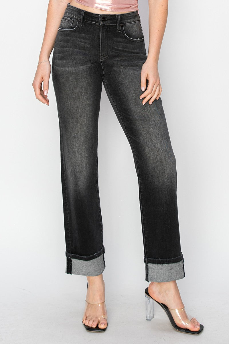 Risen Jeans:  Inseam 30 1/2" High Rise Straight Turn Up Cuff Jeans