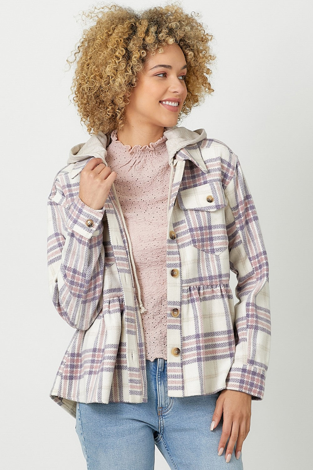 DOORBUSTER: Peplum Plaid Hoodie Jacket