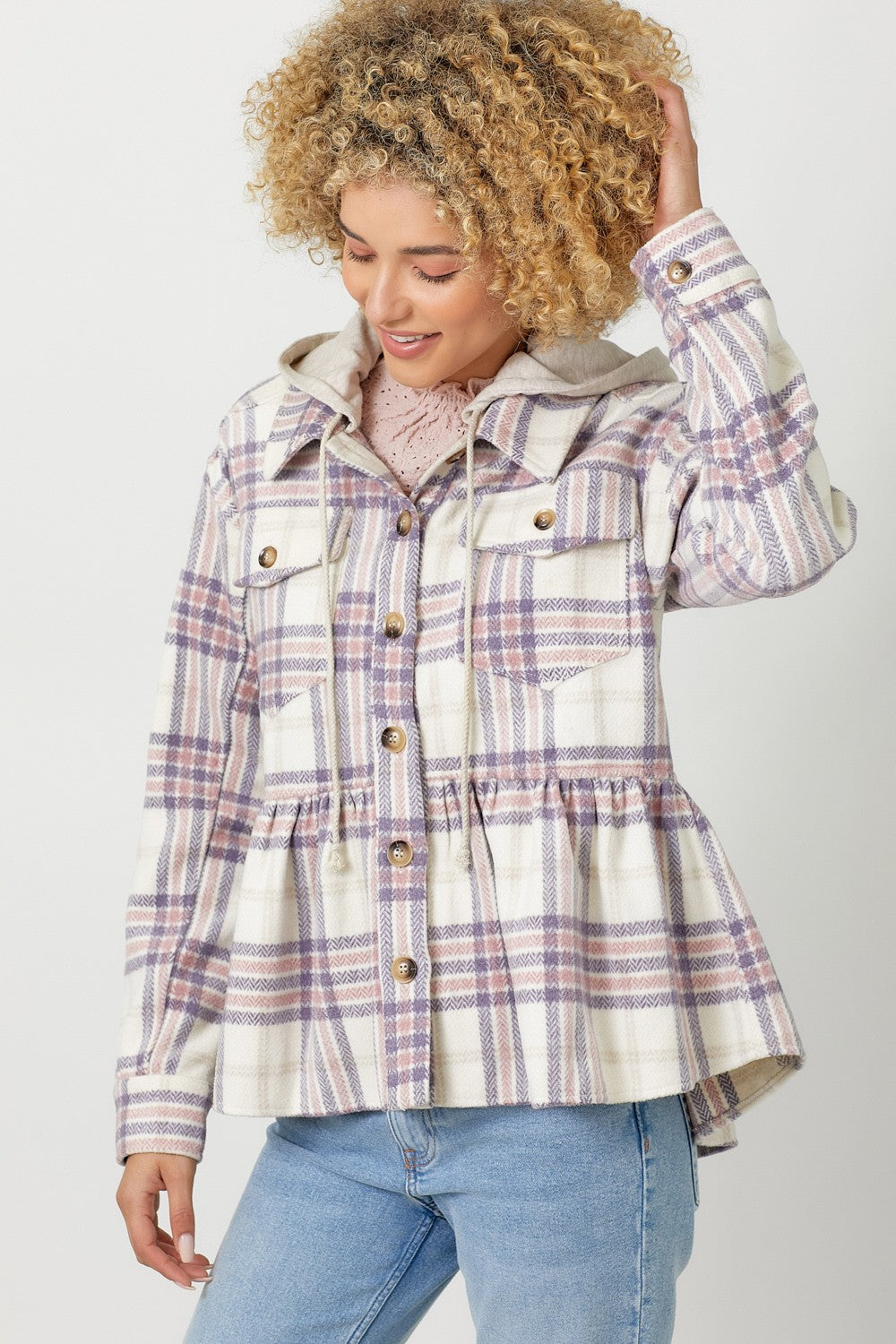 DOORBUSTER: Peplum Plaid Hoodie Jacket