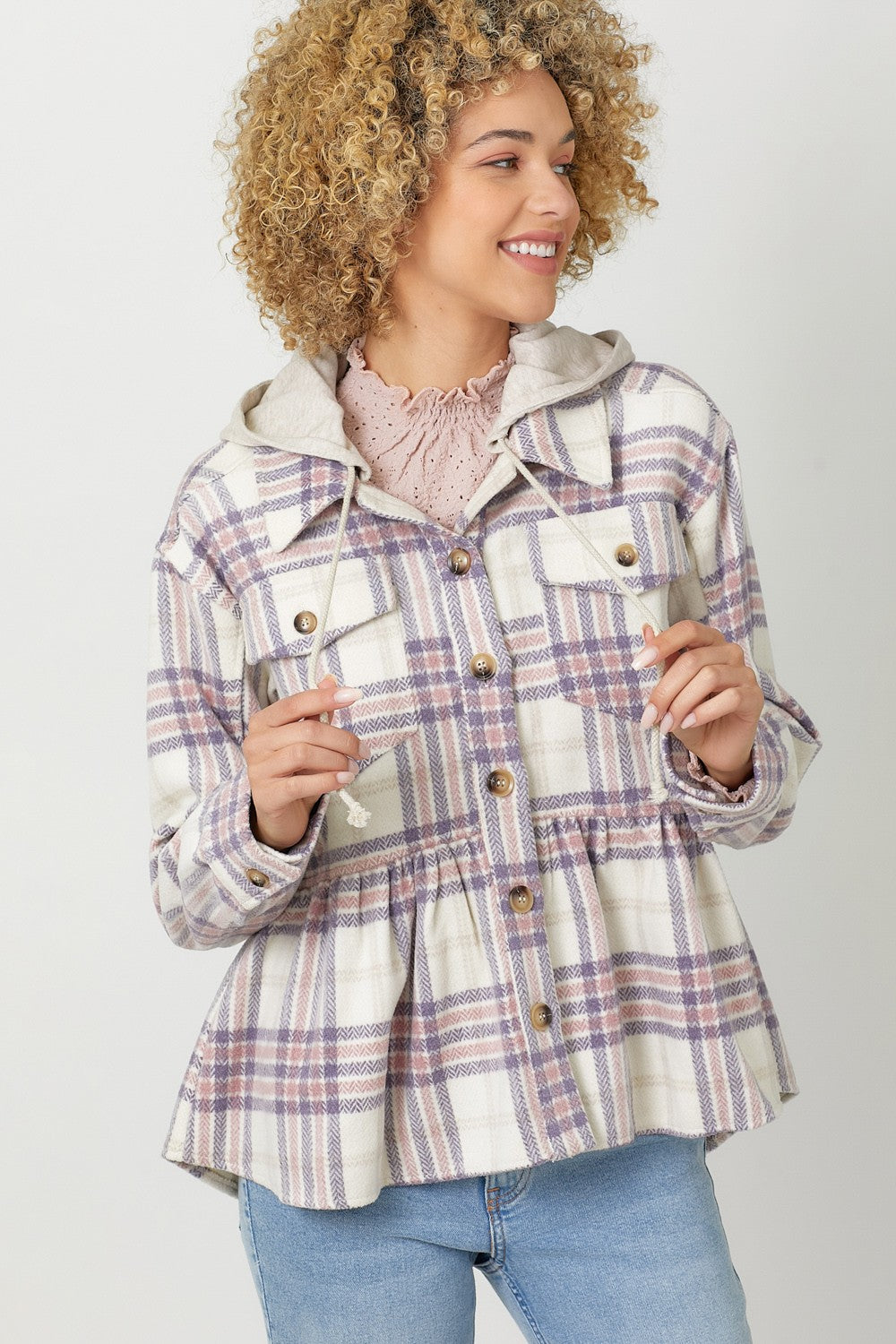 DOORBUSTER: Peplum Plaid Hoodie Jacket