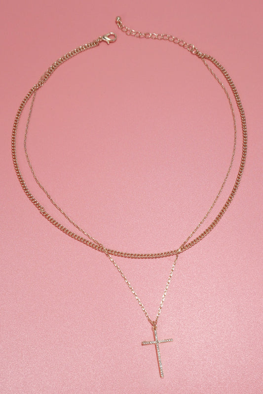 Double Layer Rhinestone Cross Charm Necklace
