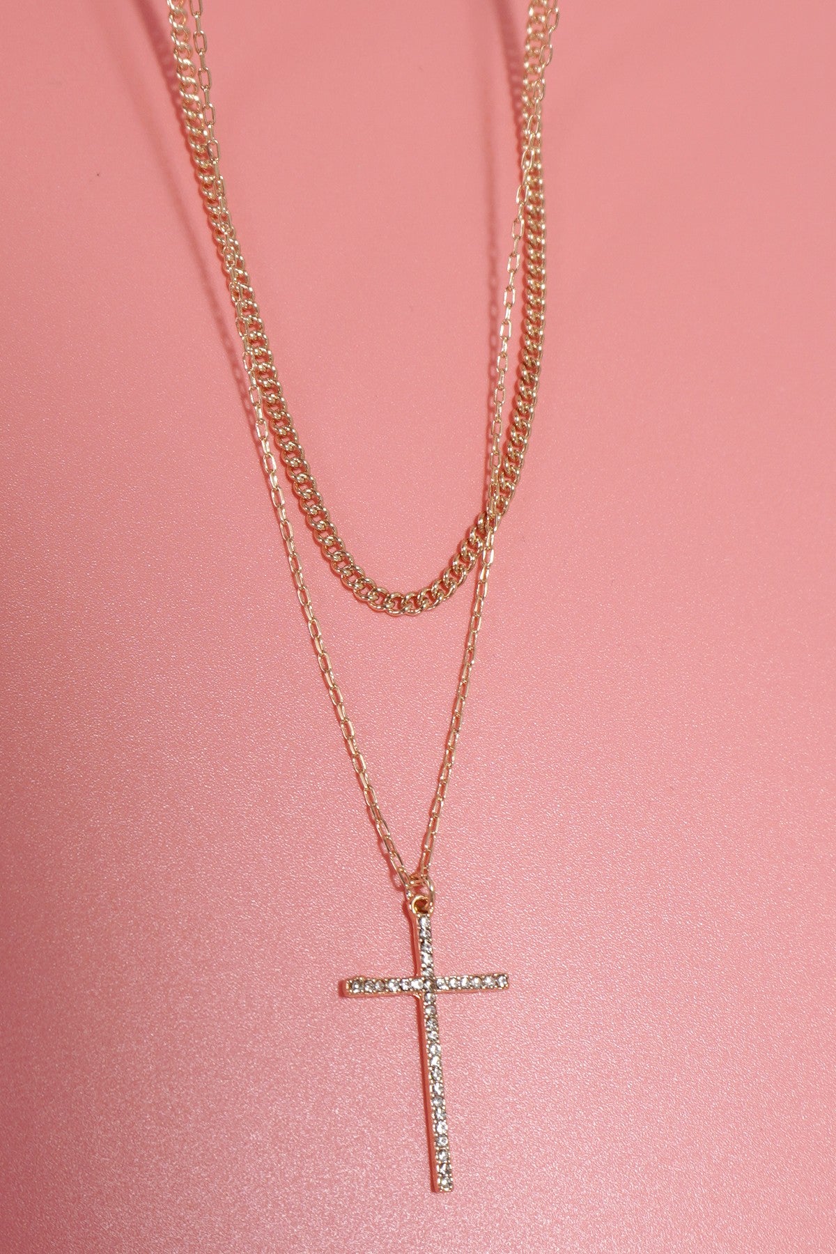 Double Layer Rhinestone Cross Charm Necklace