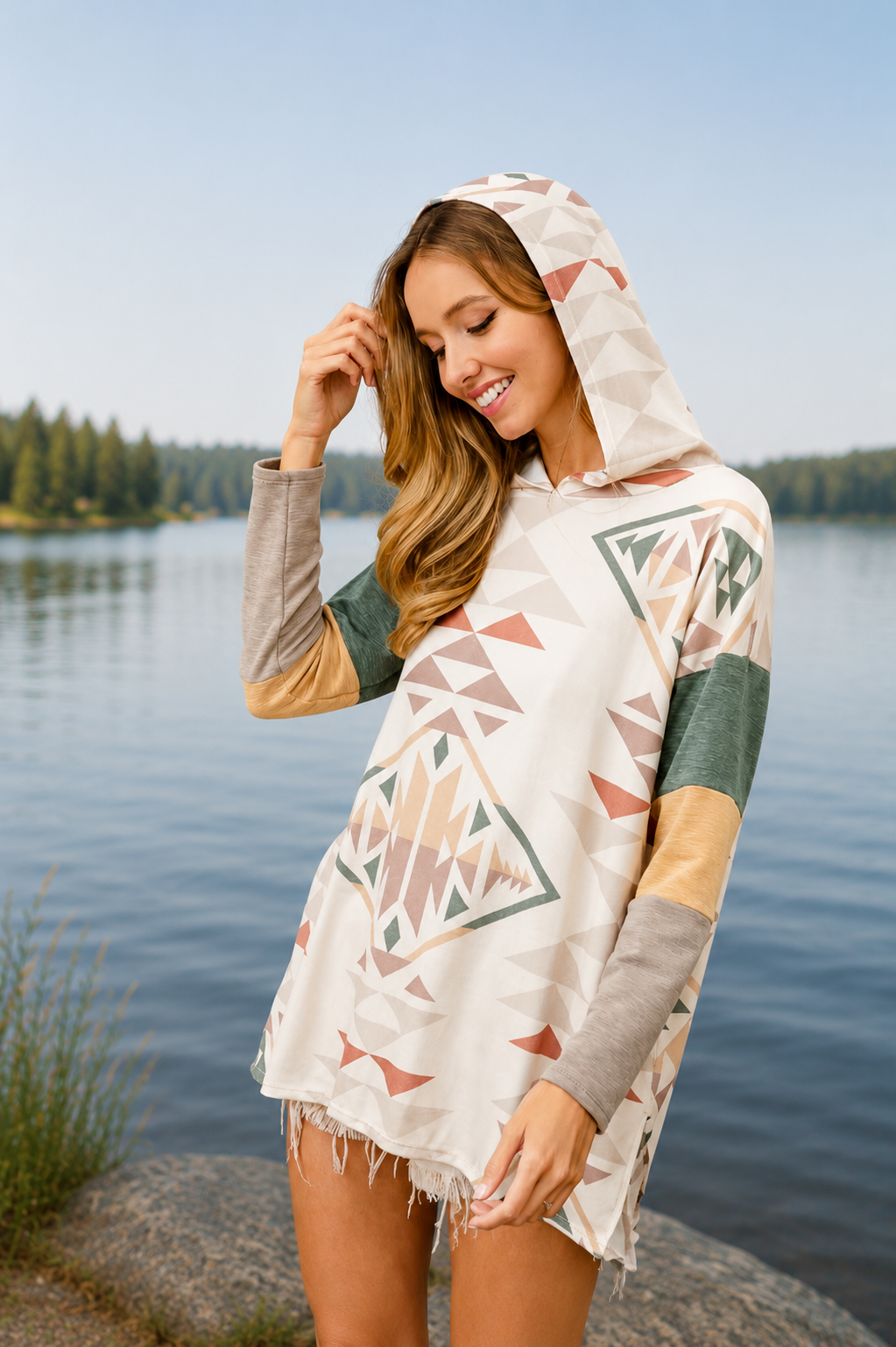 Aztec Color Block Hoodie Top