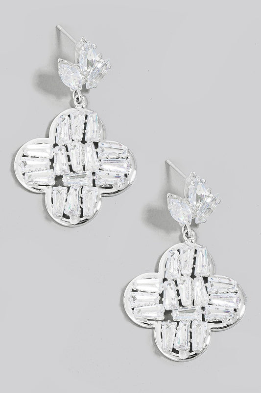 Cubic Zirconia Baguette Clover Charm Dangle Earrings