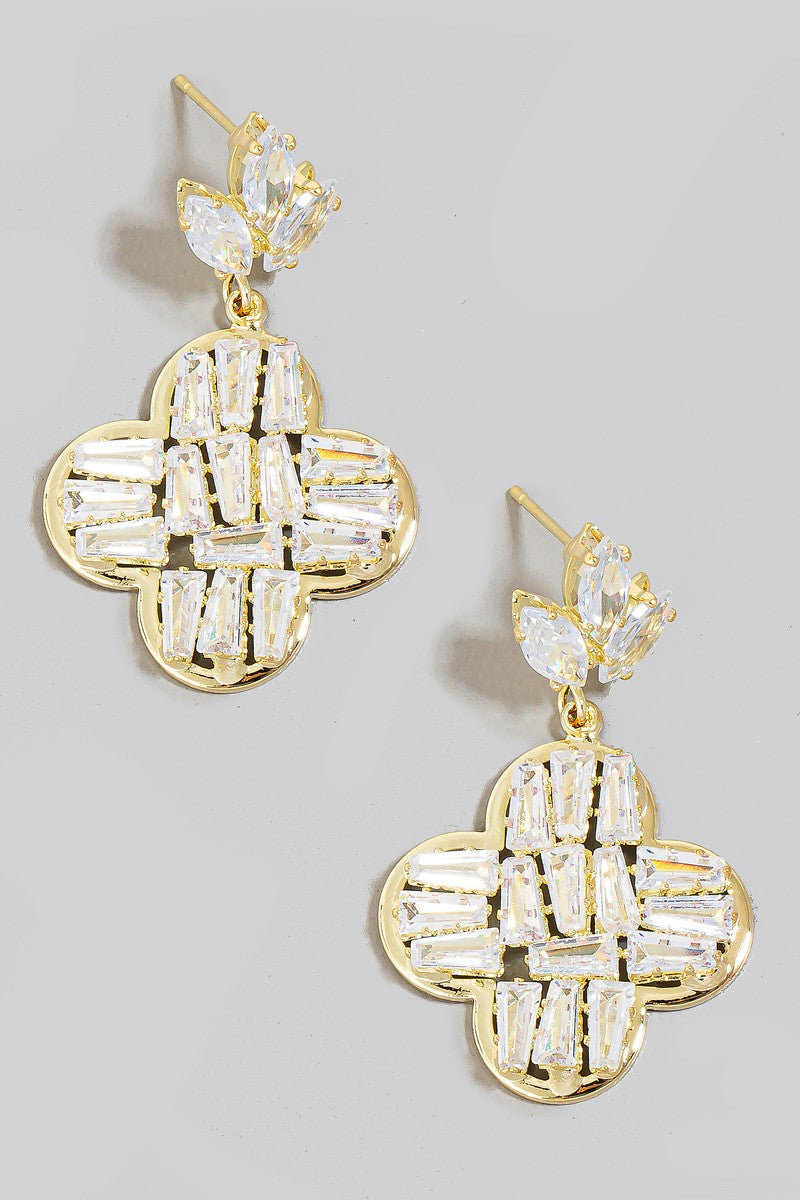 Cubic Zirconia Baguette Clover Charm Dangle Earrings