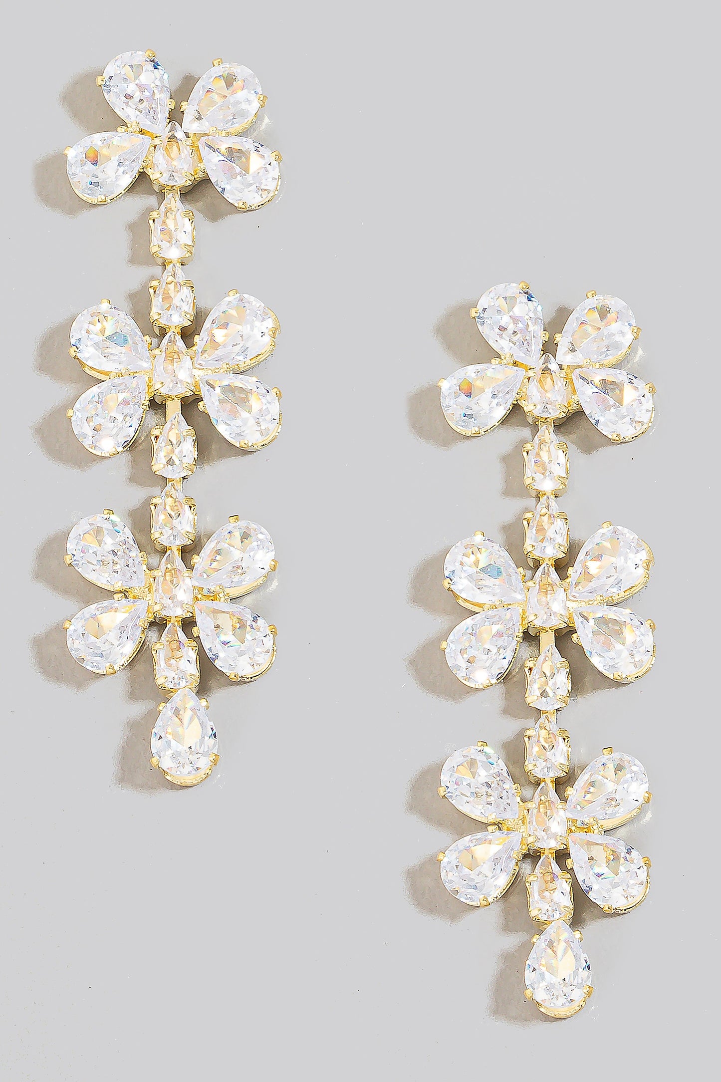 Triple Cubic Zirconia Flower Dangle Earrings
