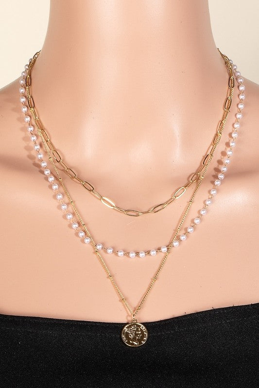 Pearl Pendant Layered Chain Necklace