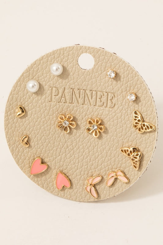 Assorted Heart Butterfly & Pearl Stud Earrings Set