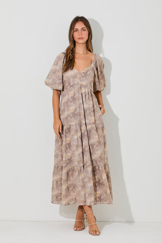 Floral V-neck Bubble Sleeve Dress