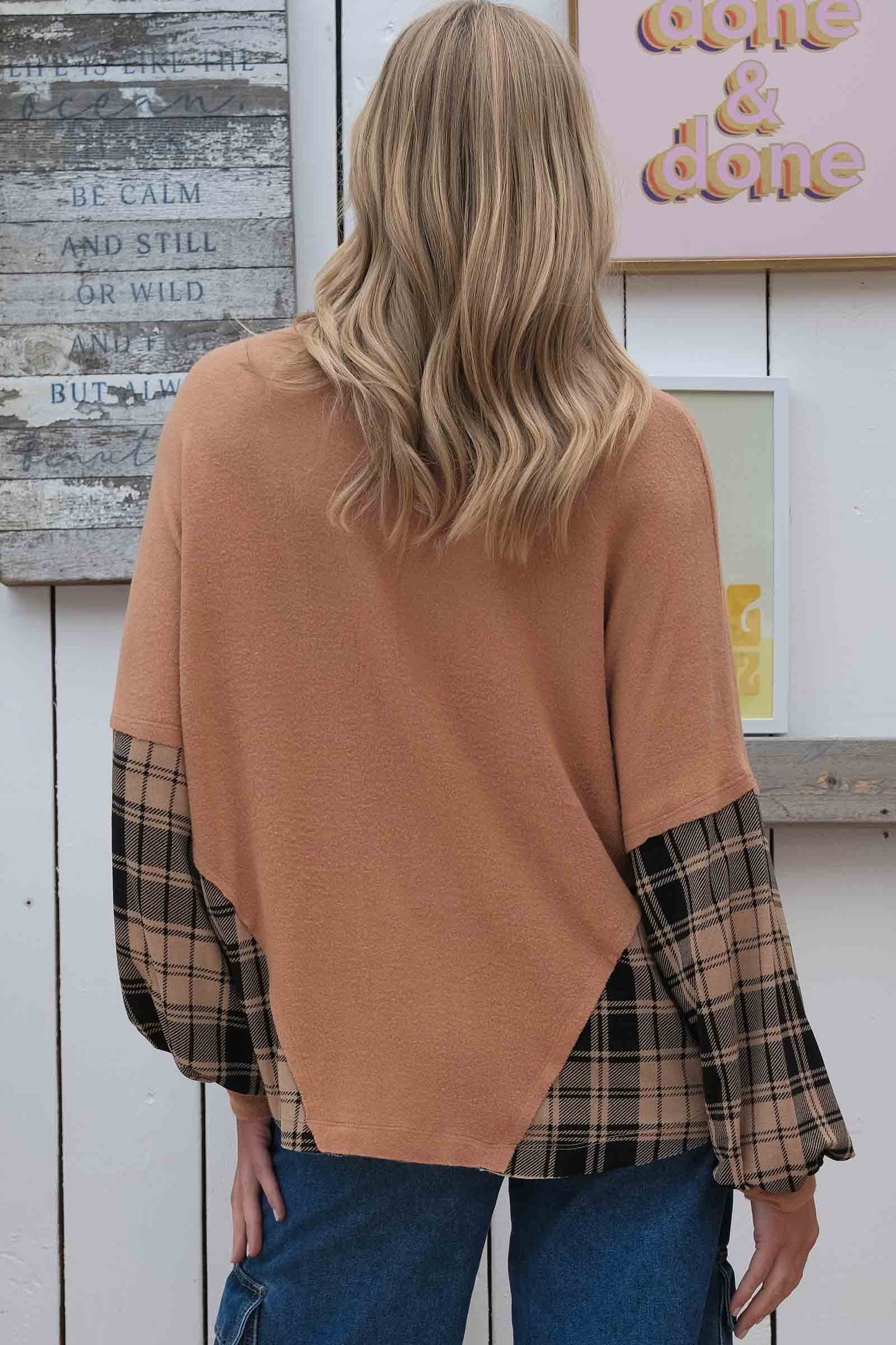 Plaid And Solid Mixed Long Sleeve Top