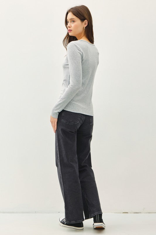Soft Basic Split Neck Long Sleeve Knit Tee