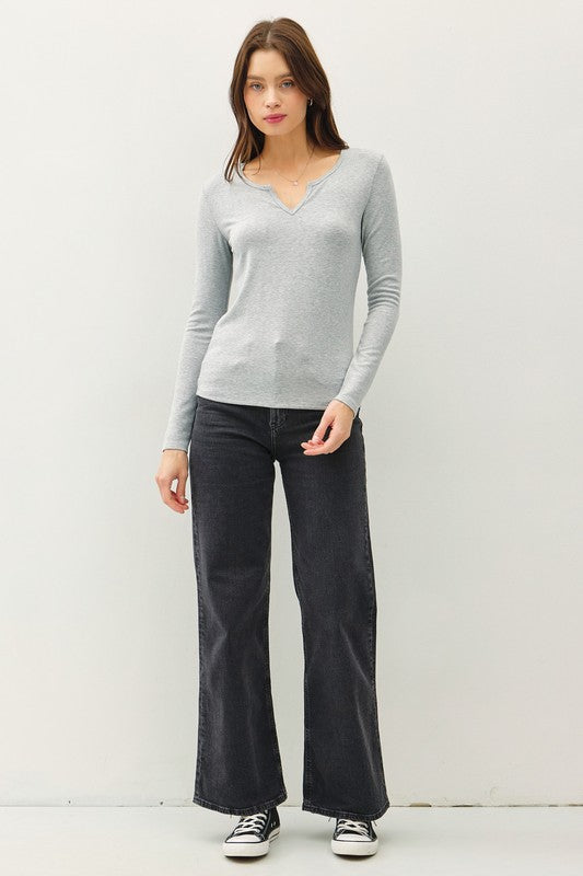 Soft Basic Split Neck Long Sleeve Knit Tee