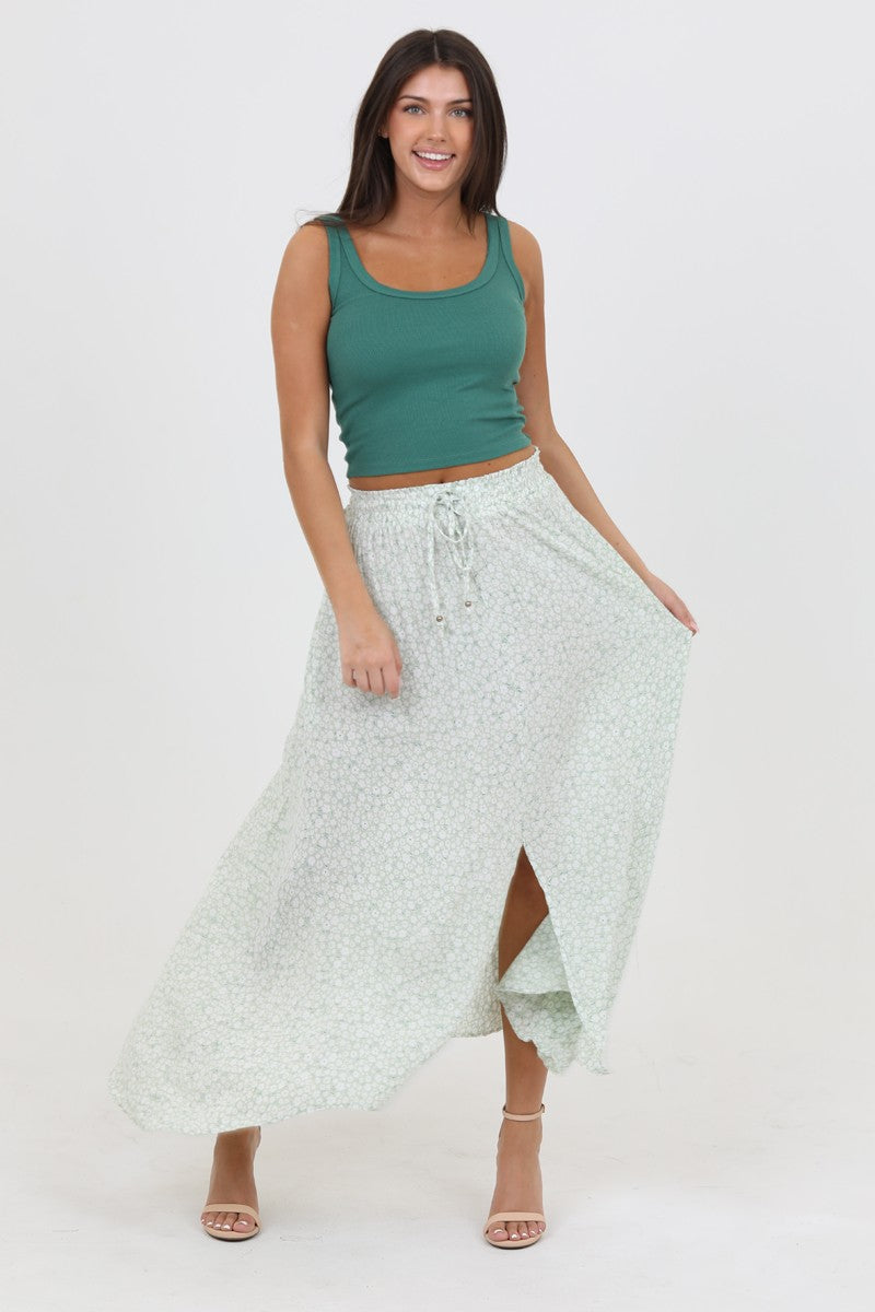 Smocked Waist Slit Maxi Skirt