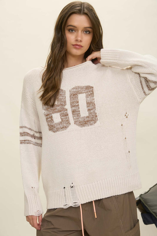 Number 80 Distressed Varsity Knit Top