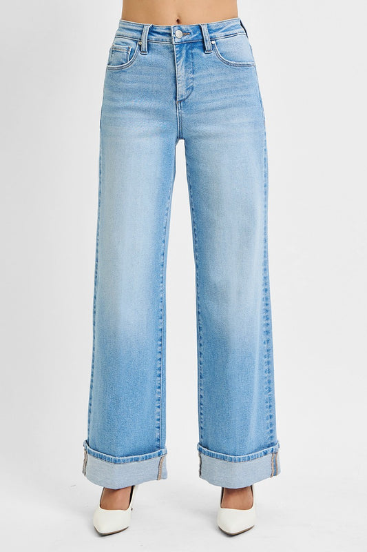 Risen Jeans: 34" Inseam Tummy Control High Rise Long Inseam Wide Cuffed