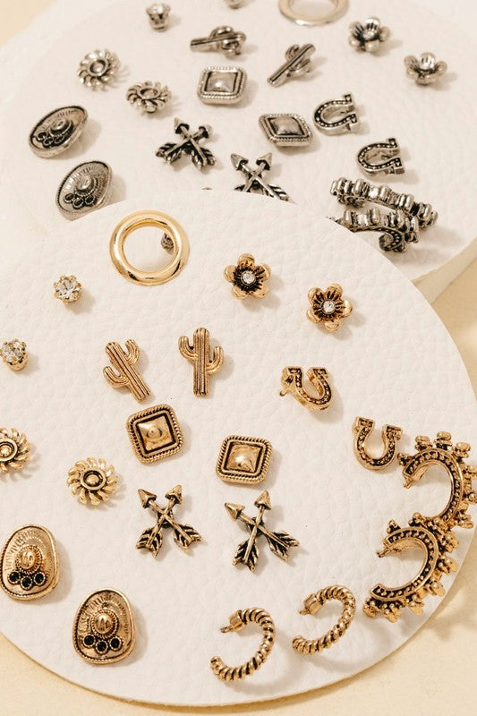 Mixed Western Theme Stud And Hoop Earrings Set
