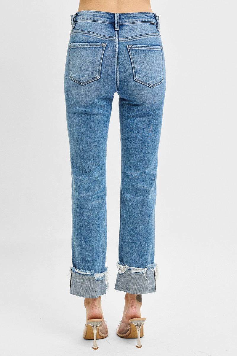 Risen Tummy Control High Rise Crop Straight Cuffed Jeans