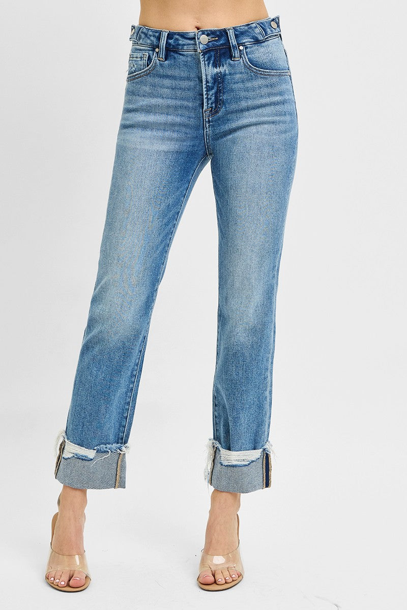 Risen Tummy Control High Rise Crop Straight Cuffed Jeans