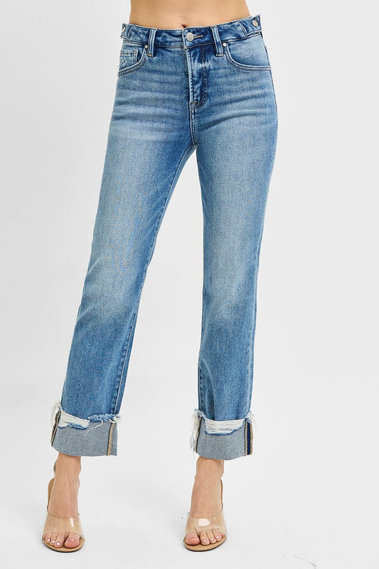 Risen Tummy Control High Rise Crop Straight Cuffed Jeans