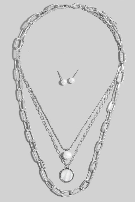Mother Of Pearl And Bead Pendant Layered Chain Necklace Set