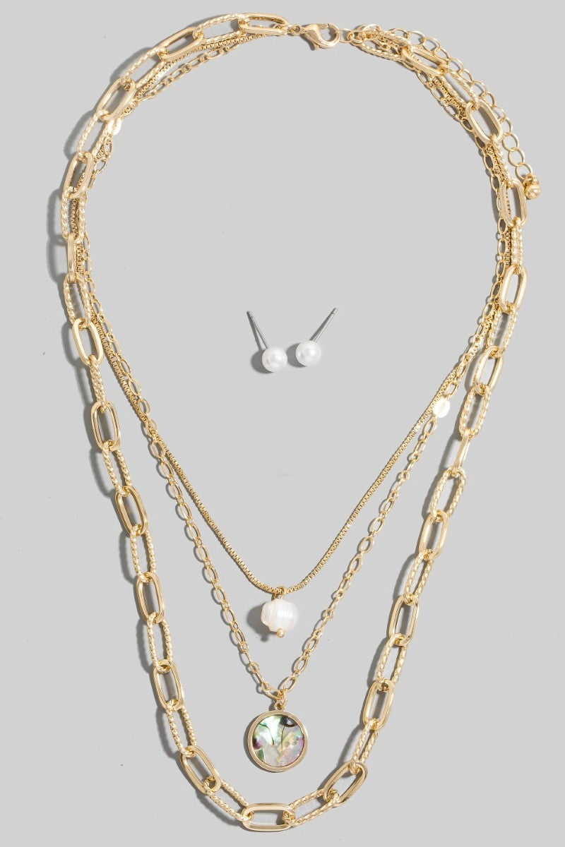 Mother Of Pearl And Bead Pendant Layered Chain Necklace Set