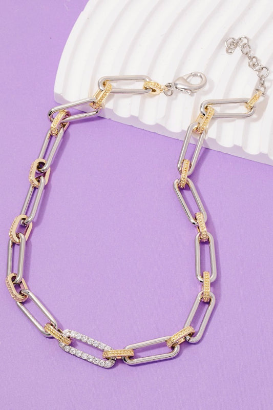 Two Tone Oval Chain Pave Link Chain Necklace