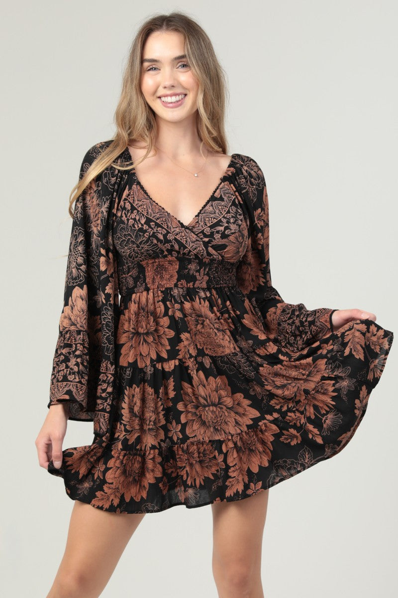 Floral Bell Sleeve Tiered Dress
