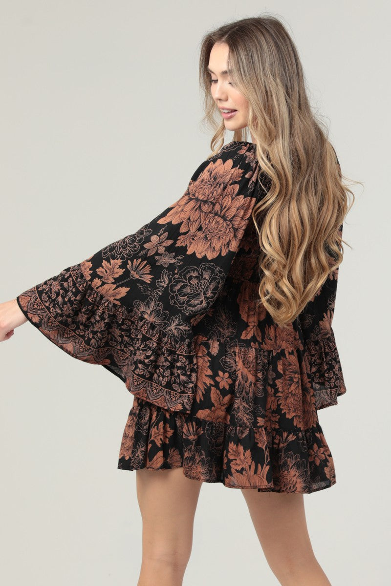 Floral Bell Sleeve Tiered Dress