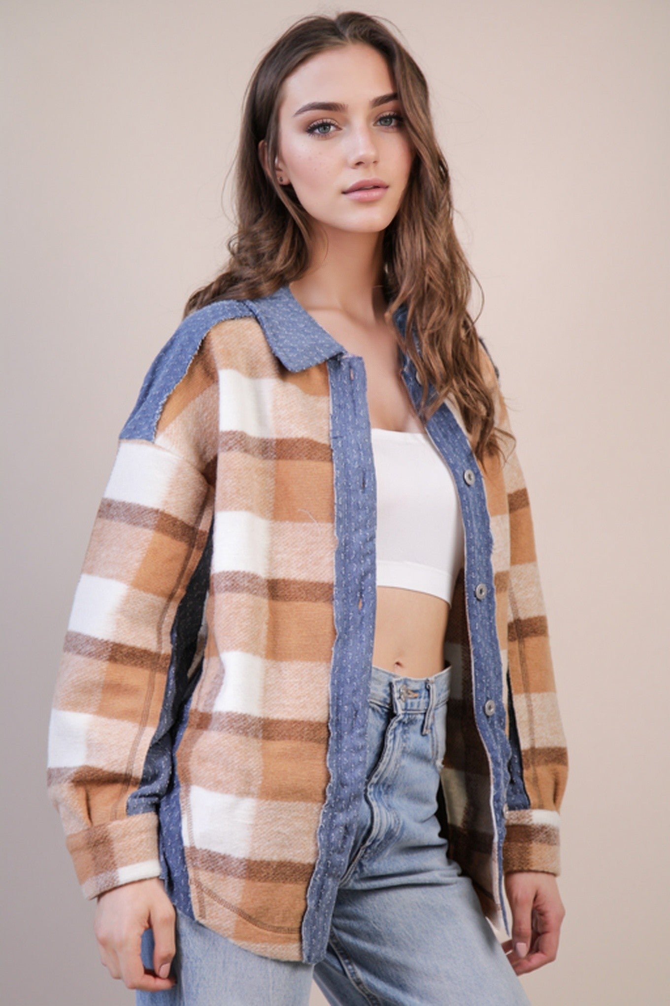 DOORBUSTER: Textured Denim/Plaid Shacket