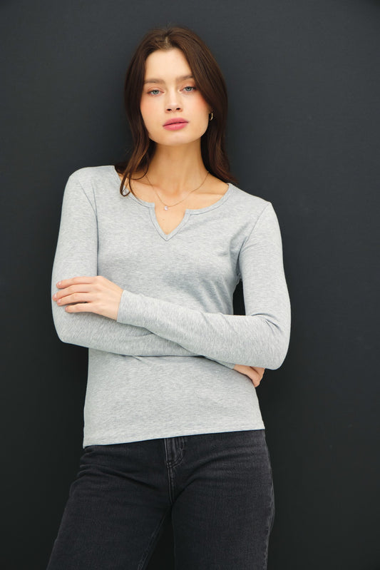Soft Basic Split Neck Long Sleeve Knit Tee
